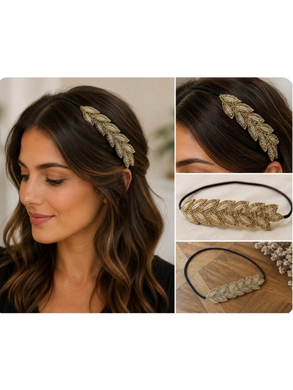 Women's Deepa Gurnani Beaded Leaf Headband One Size Gold Black New! Boho